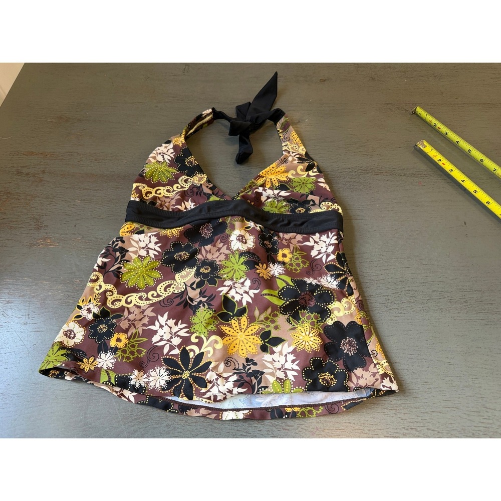 Athleta Floral Paisley Halter Tankini Swim Top Brown Green Yellow Medium